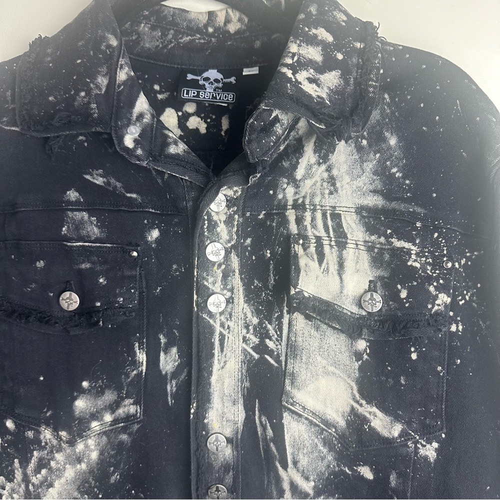 Lip Service Black & Creamish Vintage Porn Splatter Stretch Twill Jacket NWT L - Picture 9 of 16